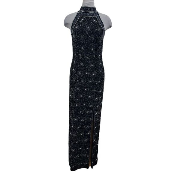 Vintage Adrianna Papell Silk Floral Beaded Y2K Romantic Goth Maxi Dress Black - Picture 3 of 17